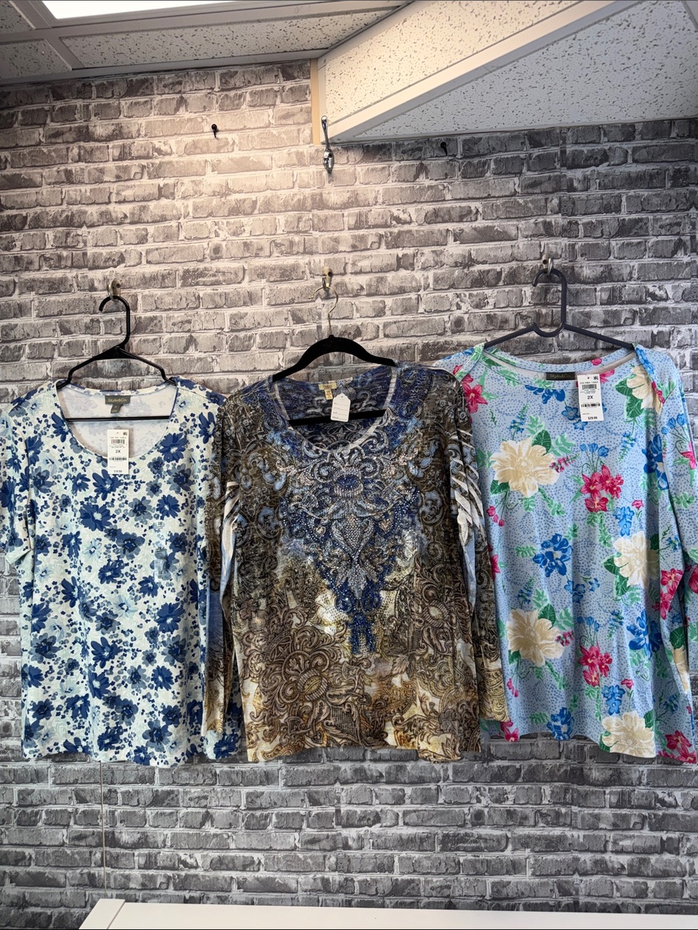 3 women's Floral & Paisley Mixed-Print Women’s Long Sleeve Top - Blue/Brown